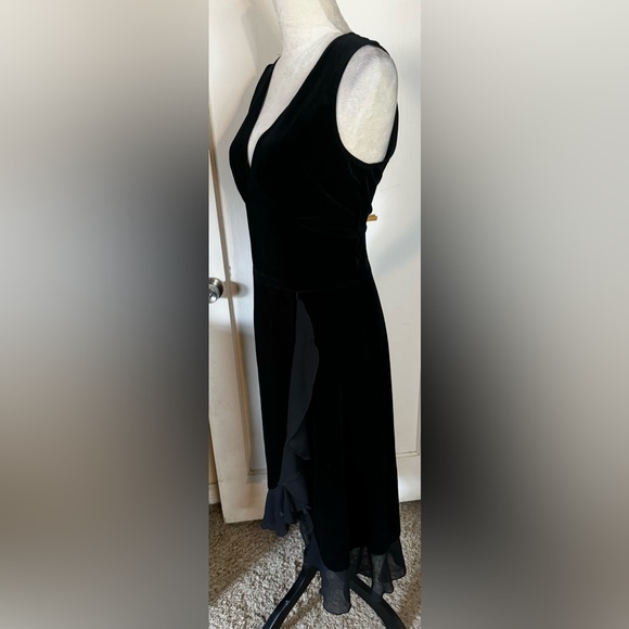 Vintage 90’s Connected Velvet Ruffle Hem Cocktail Dress Midi Plunging Neck noir - Picture 5 of 16